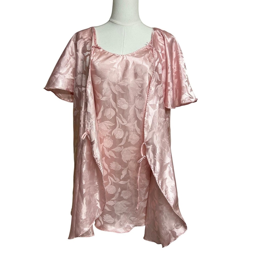 Vintage Ilsie Stevens Pink Floral Satin Chemise Robe Set Lingerie Petite Elegant